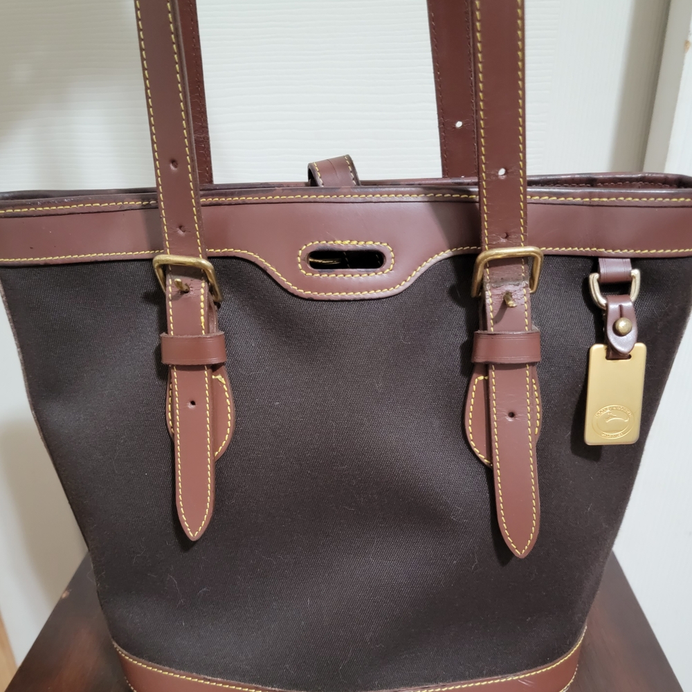 Brown Leather Trim Canvas Tote Bag
